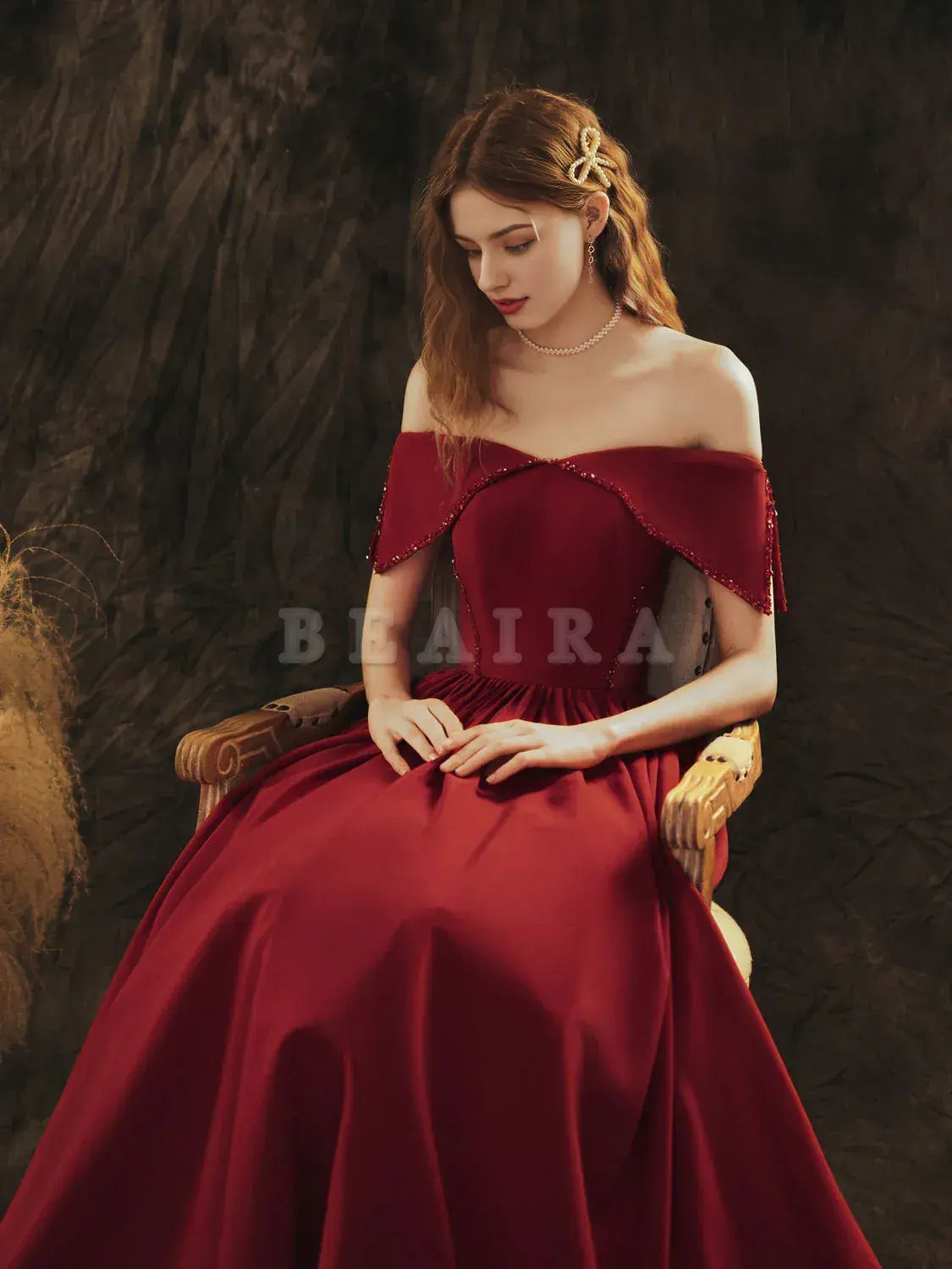 Beaira A-Line Off Shoulder Satin Burgundy Long Prom Dress Burgundy Formal Evening Dress Bridesmaid dress shop
