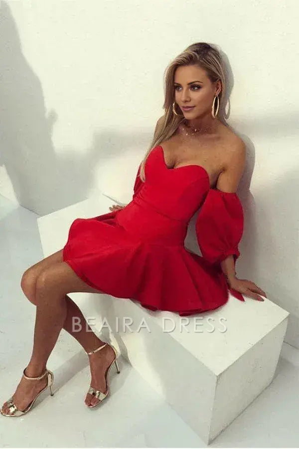 Beaira A-Line Red Satin Off the Shoulder Puff Sleeve Homecoming Dress formal wear dresses