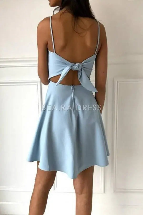 Beaira A-Line Spaghetti Straps Above-Knee Light Blue Satin Homecoming Dress formal wear dresses