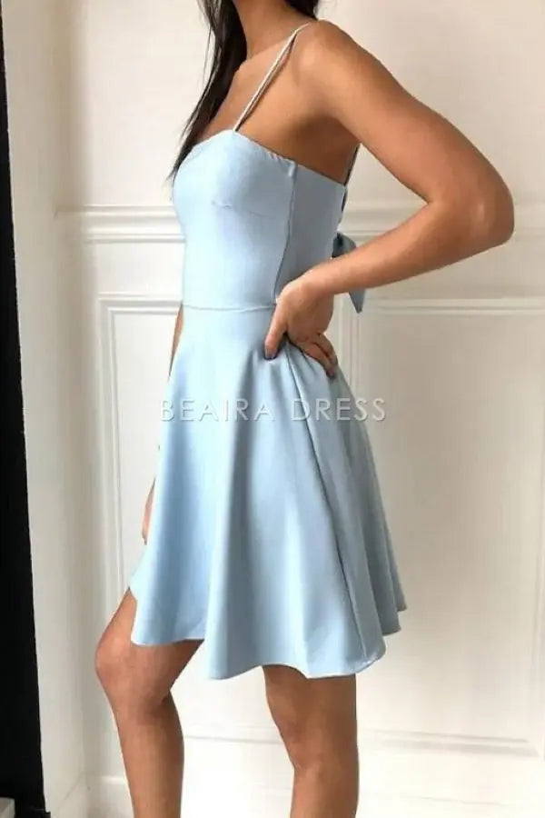 Beaira A-Line Spaghetti Straps Above-Knee Light Blue Satin Homecoming Dress formal wear dresses