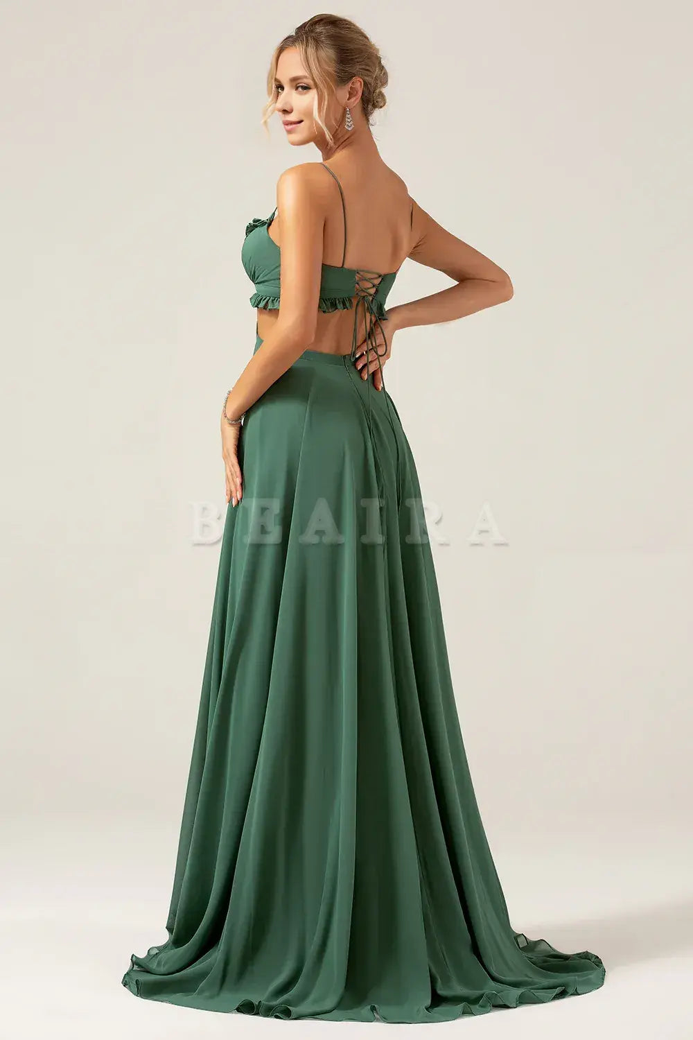 Beaira A-Line Spaghetti Straps Backless Chiffon Eucalyptus Long Bridesmaid Dress Bridesmaid dress shop
