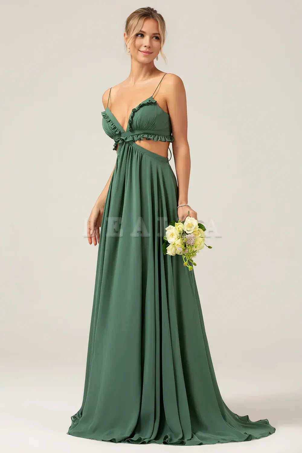 Beaira A-Line Spaghetti Straps Backless Chiffon Eucalyptus Long Bridesmaid Dress Bridesmaid dress shop