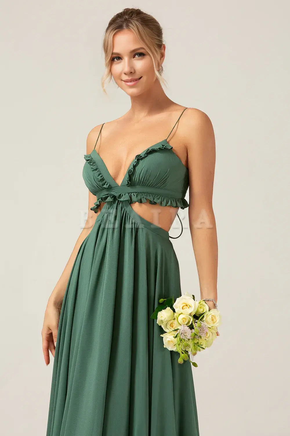 Beaira A-Line Spaghetti Straps Backless Chiffon Eucalyptus Long Bridesmaid Dress Bridesmaid dress shop