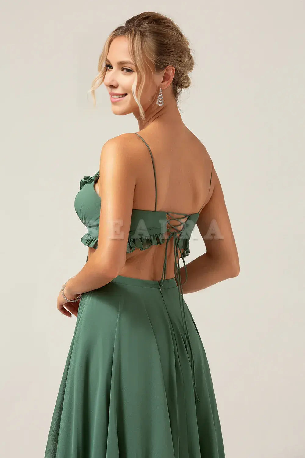 Beaira A-Line Spaghetti Straps Backless Chiffon Eucalyptus Long Bridesmaid Dress Bridesmaid dress shop