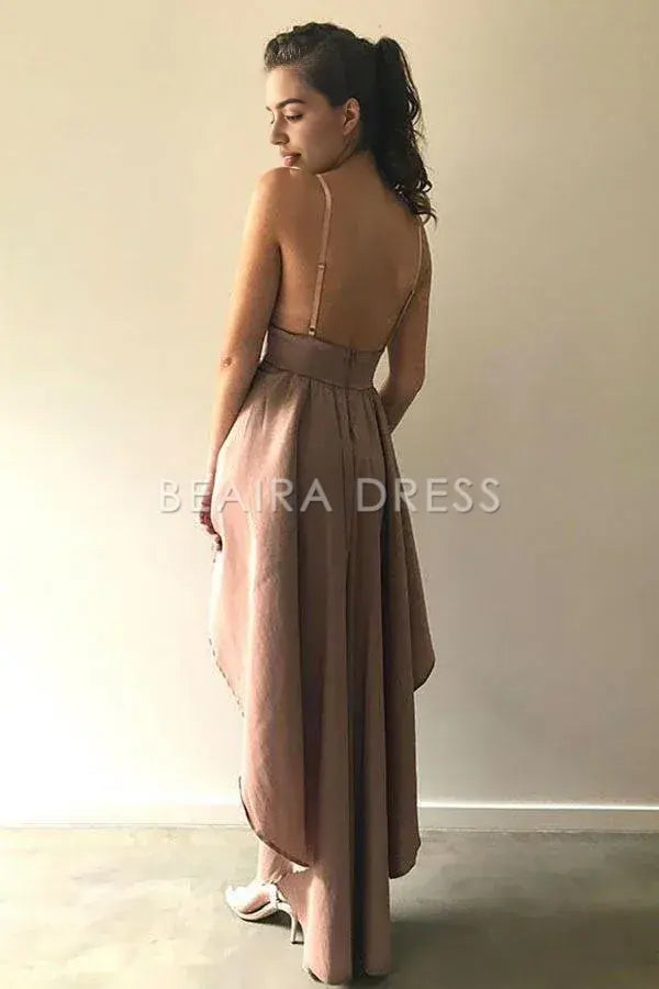 Beaira Simple A-Line Spaghetti Straps High Low Blush Satin Homecoming Dress formal wear dresses