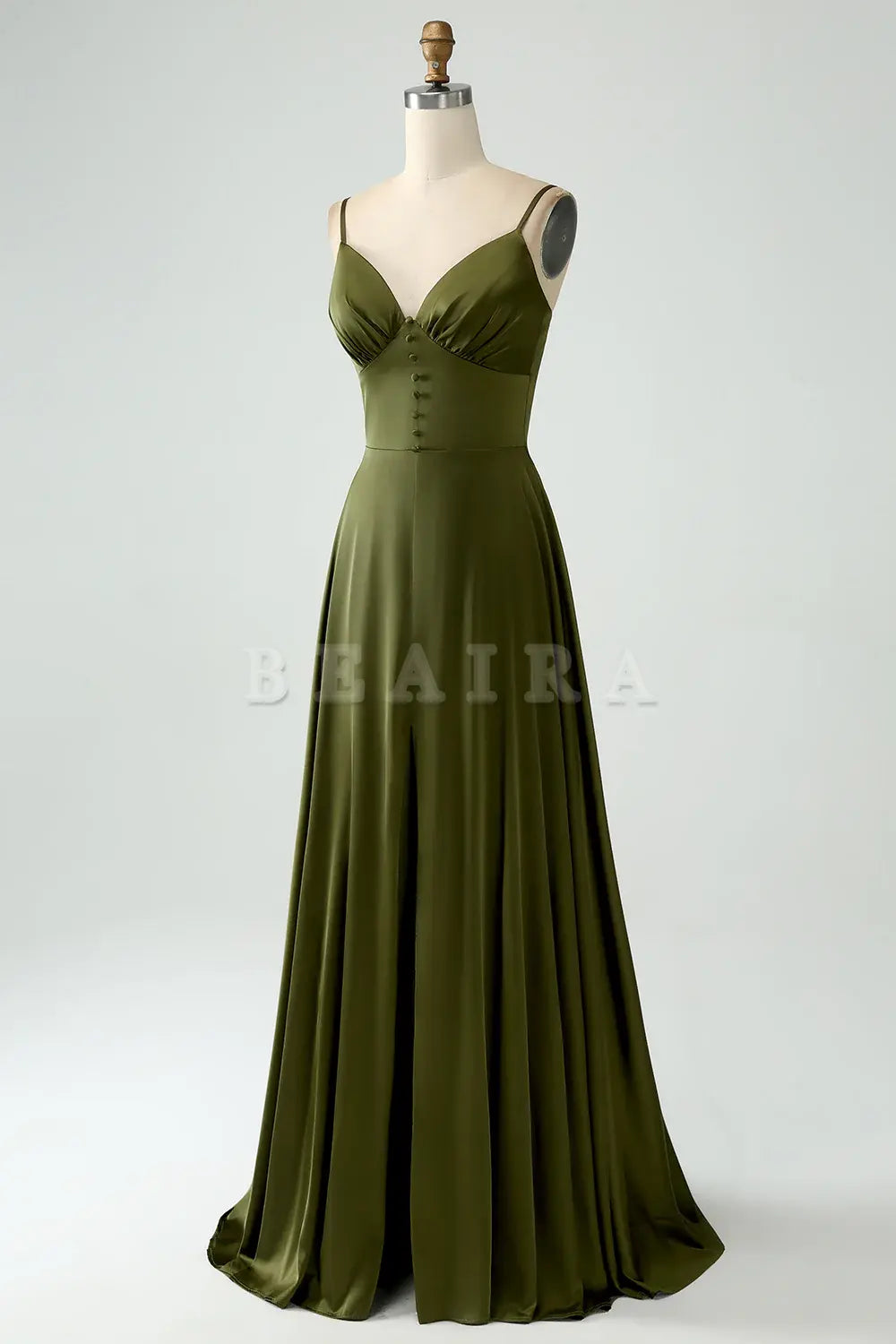 Beaira A-Line Spaghetti Straps Long Olive Bridesmaid Dress With Slit Bridesmaid dress shop