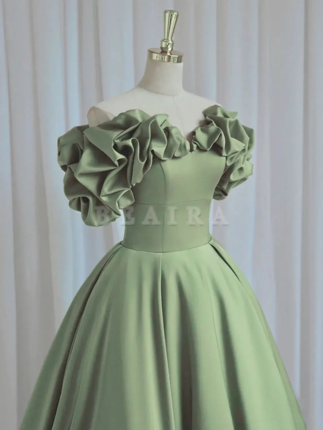Beaira A-Line off Shoulder Satin Green Long Prom Dress Green Formal Dresses Bridesmaid dress shop