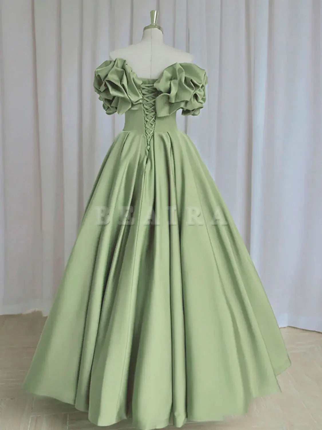 Beaira A-Line off Shoulder Satin Green Long Prom Dress Green Formal Dresses Bridesmaid dress shop