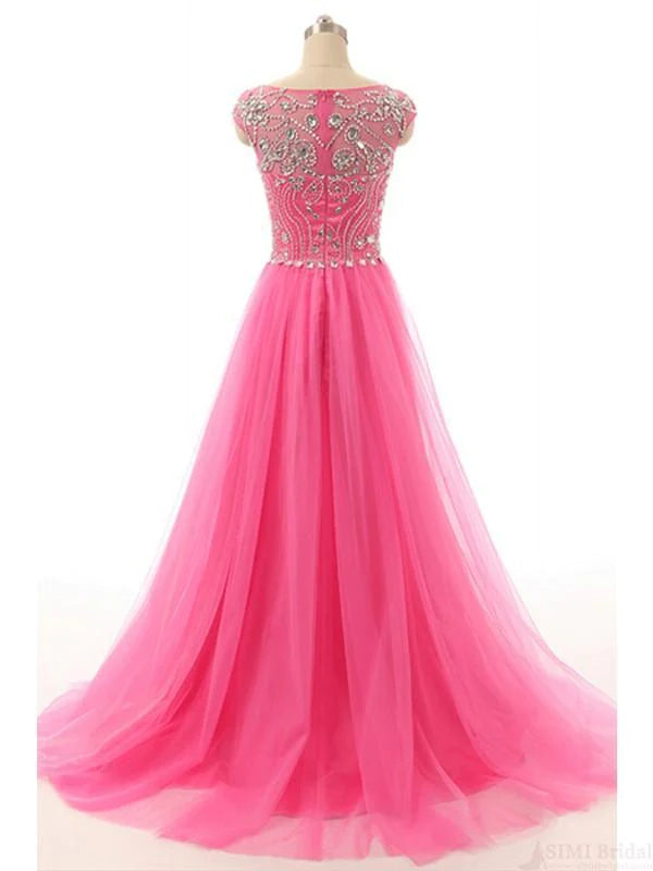 A-line Round Neck Beading Tulle Long Party Dresses Evening Dresses