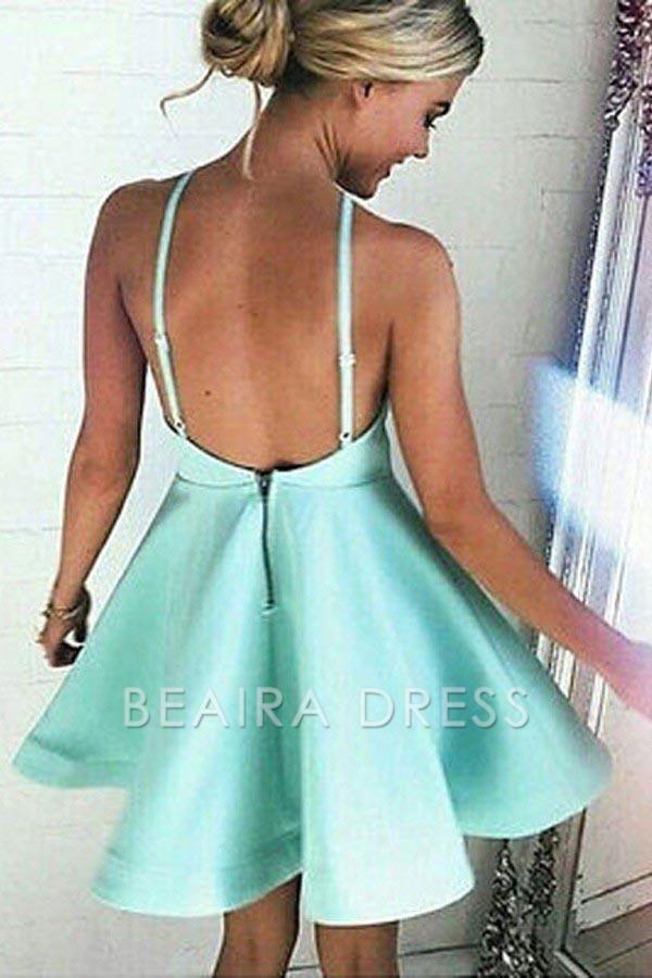 Beaira A-line Halter Short Mint Satin Homecoming Dress with Ruched formal wear dresses