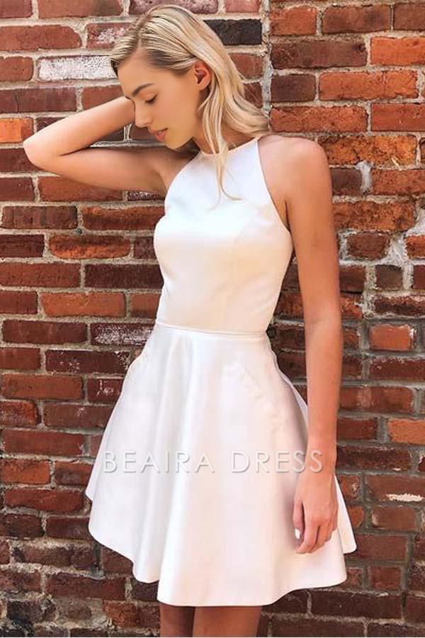 Beaira Simple A-line Satin Sleeveless Tulle Beaded Homecoming Dress Short Prom Dress formal wear dresses