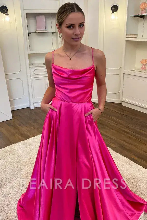 Beaira A-line Spaghetti Straps Corset Back Prom Dress - Hot Pink