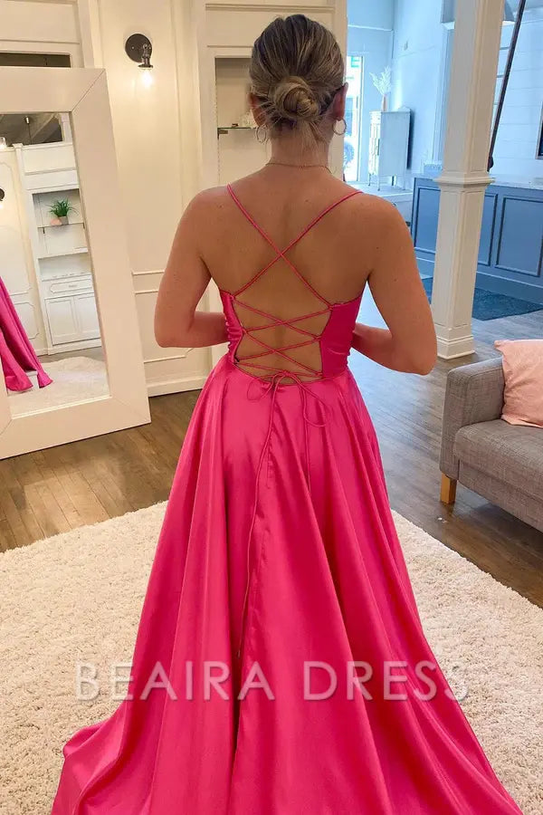 Beaira A-line Spaghetti Straps Corset Back Prom Dress - Hot Pink