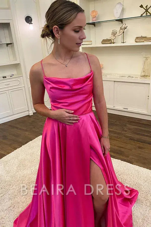 Beaira A-line Spaghetti Straps Corset Back Prom Dress - Hot Pink