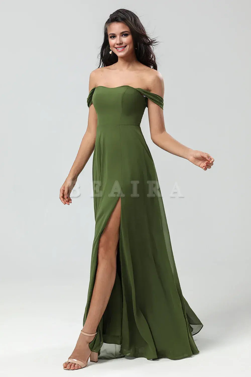 Beaira A Line Off The Shoulder Floor-Length Chiffon Bridesmaid Dress with Slit Bridesmaid dress shop