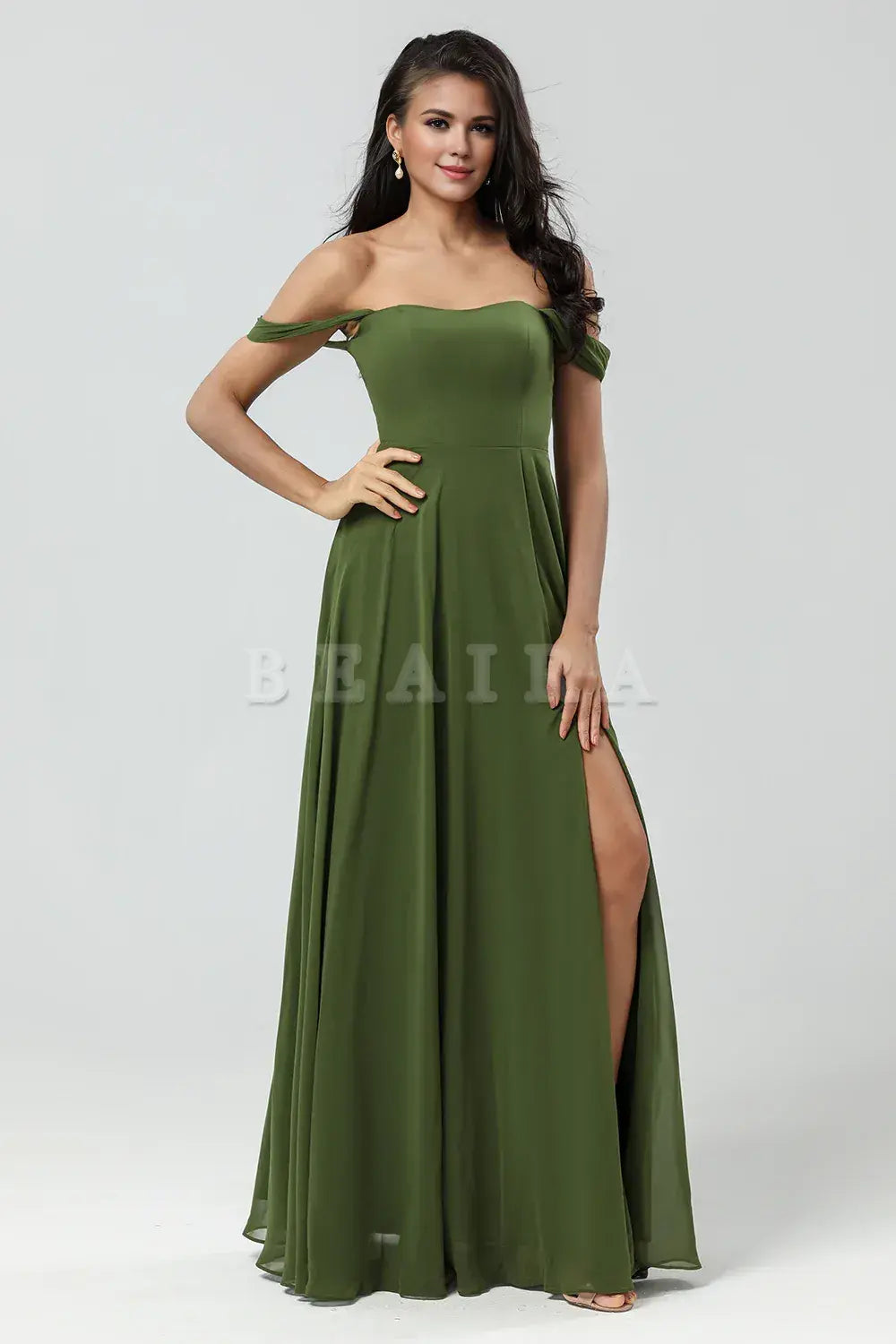 Beaira A Line Off The Shoulder Floor-Length Chiffon Bridesmaid Dress with Slit Bridesmaid dress shop
