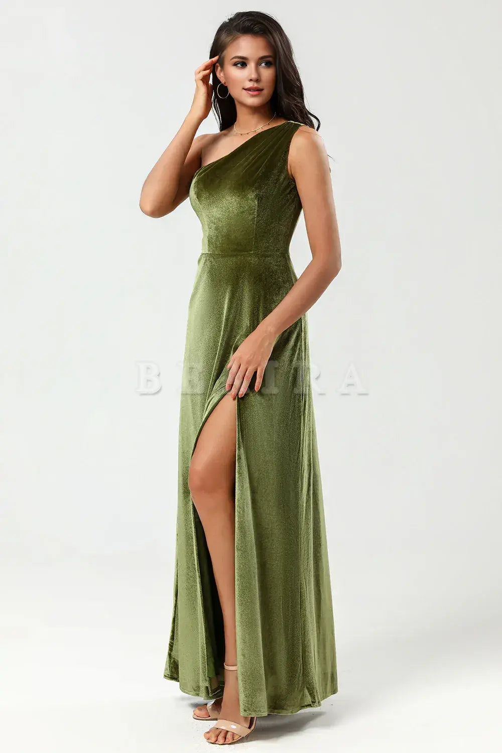 Beaira A Line One Shoulder Floor-Length Velvet Bridesmaid Dress with Slit Bridesmaid dress shop