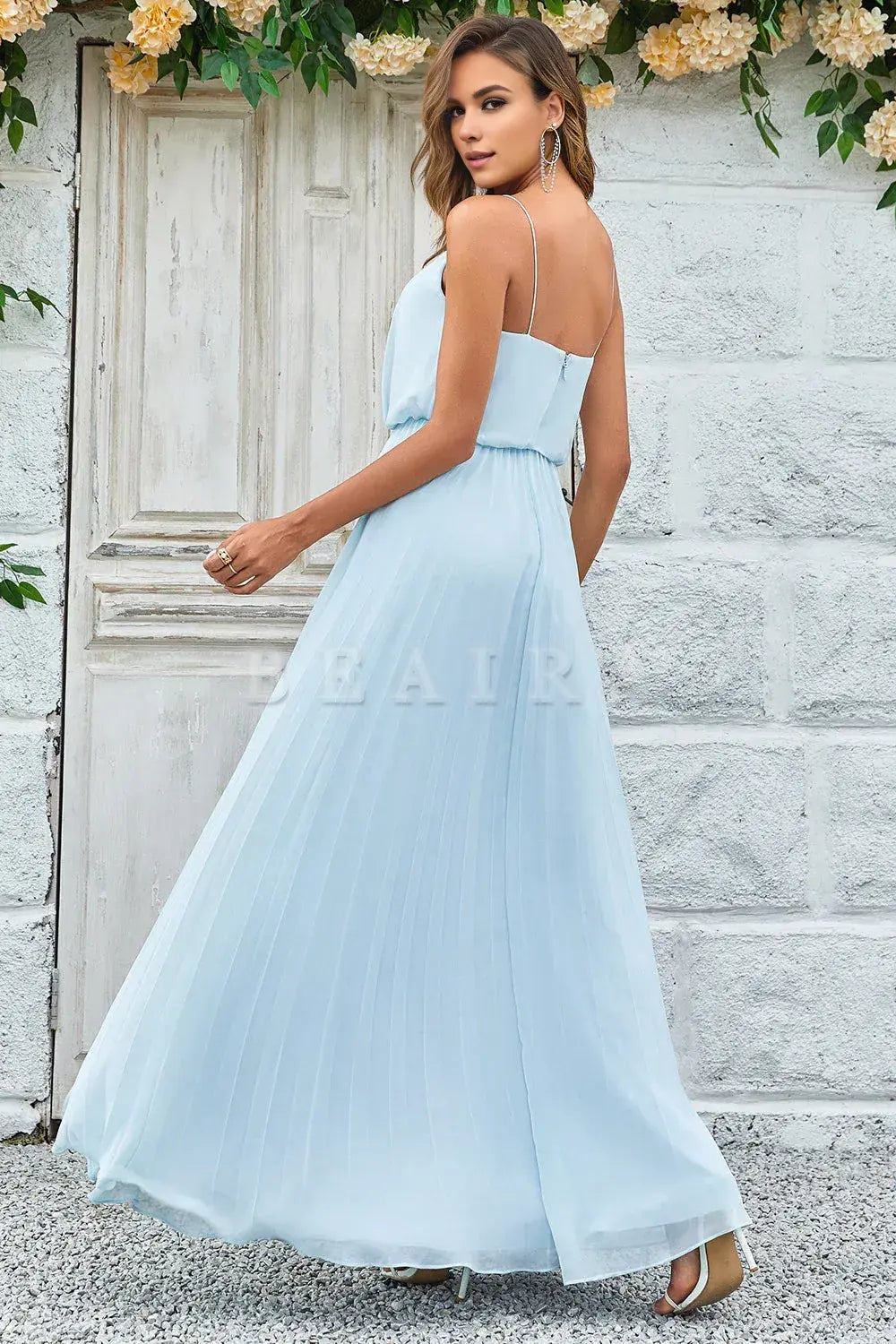 Beaira A Line Spaghetti Straps Sky Blue Chiffon Long Bridesmaid Dress Bridesmaid dress shop