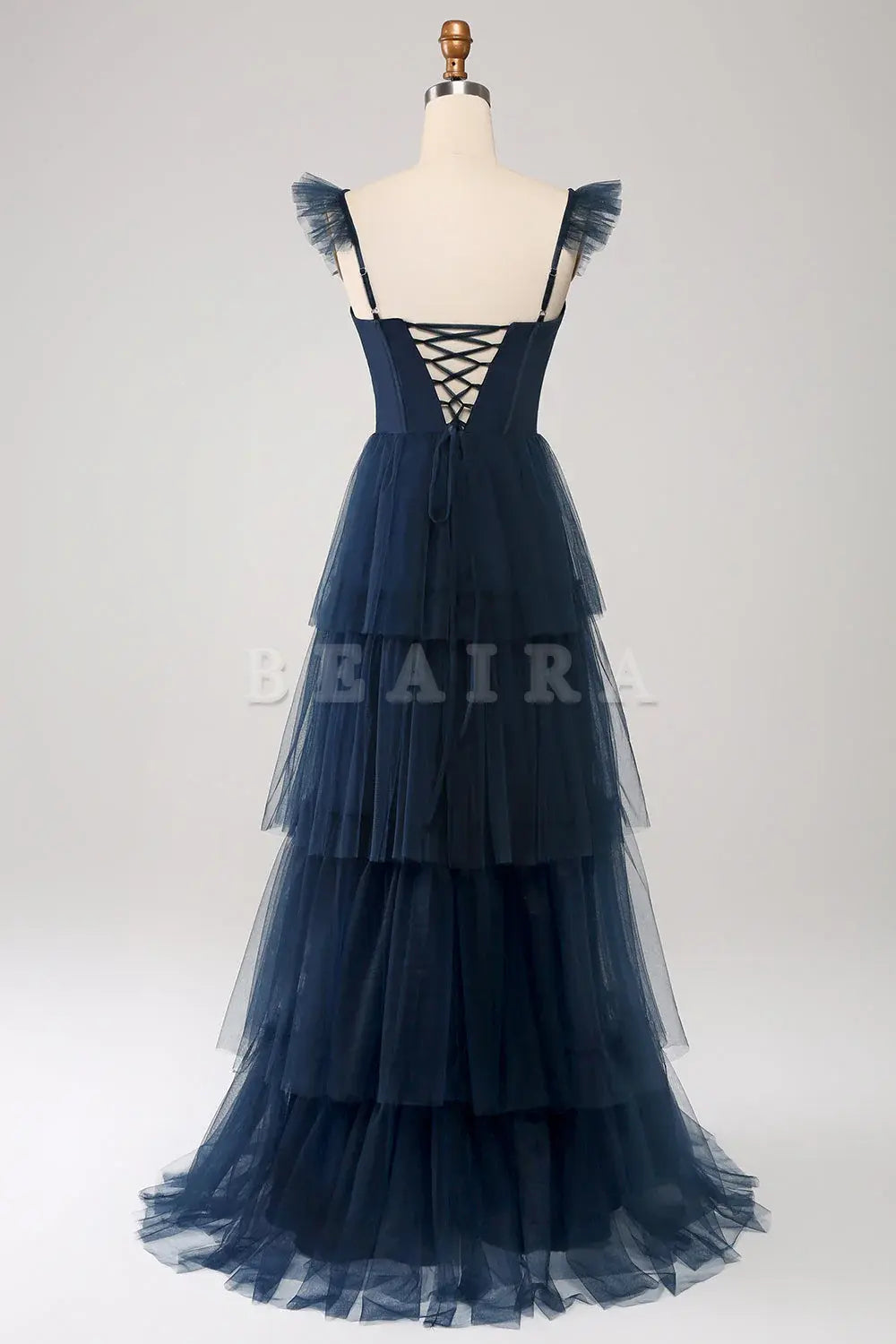 Beaira A Line Spaghetti Straps Tiered Tulle Long Navy Bridesmaid Dress With Slit Bridesmaid dress shop