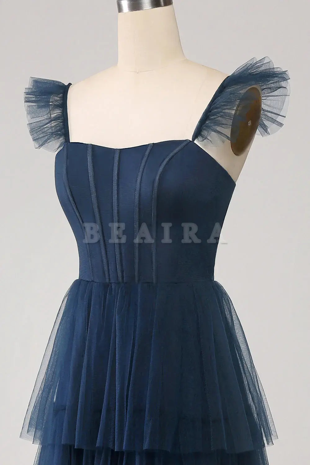 Beaira A Line Spaghetti Straps Tiered Tulle Long Navy Bridesmaid Dress With Slit Bridesmaid dress shop