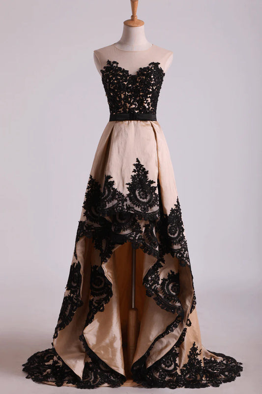 Asymmetrical Bateau Party Dresses Taffeta With Applique And Sash