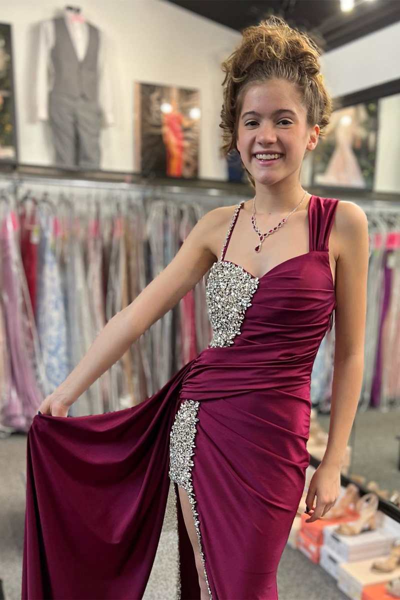 Asymmetrical Magenta Beaded Long Prom Dress with Attached Train
