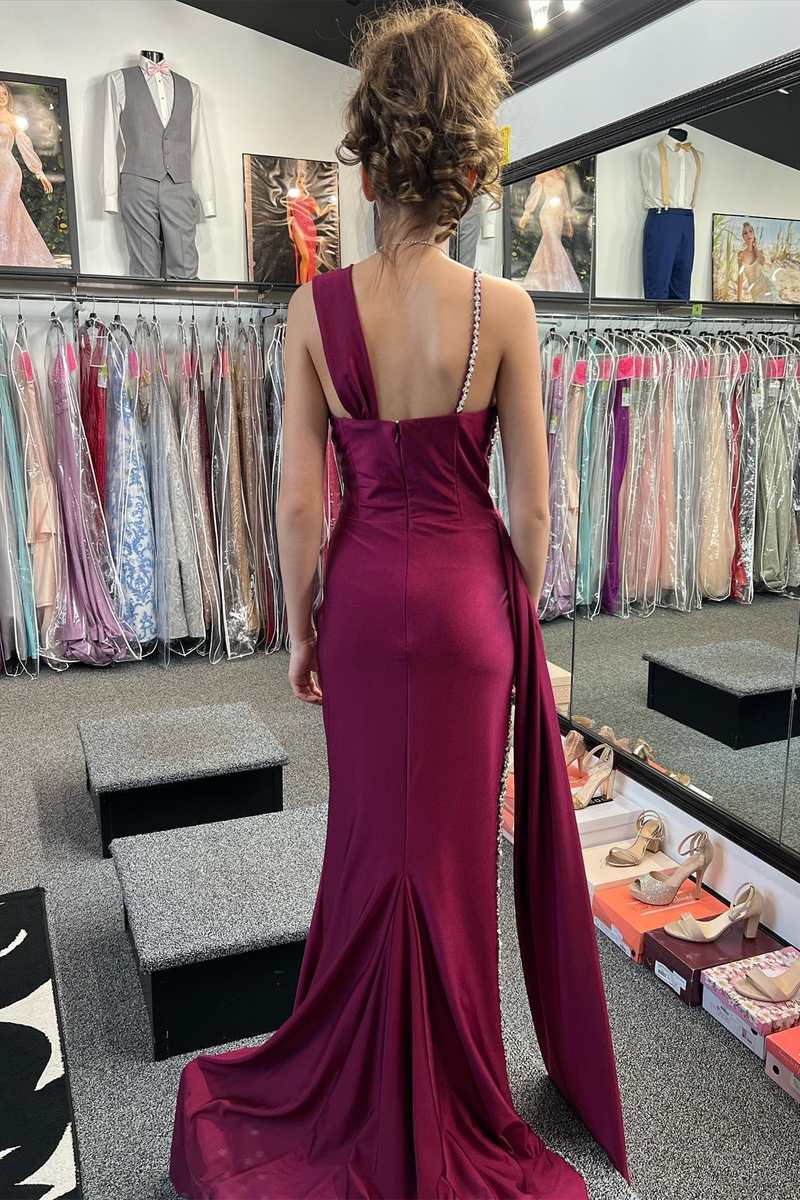 Asymmetrical Magenta Beaded Long Prom Dress with Attached Train