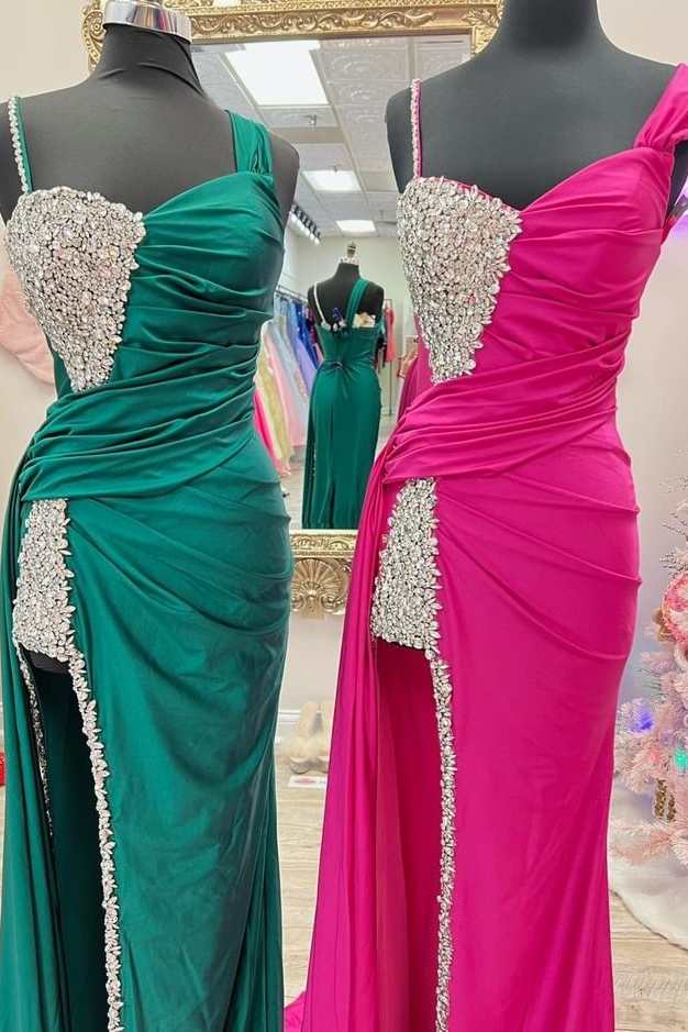 Asymmetrical Magenta Beaded Long Prom Dress with Attached Train