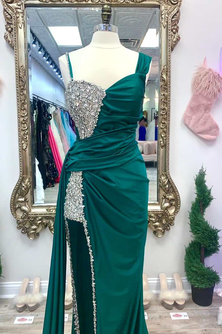 Asymmetrical Magenta Beaded Long Prom Dress with Attached Train