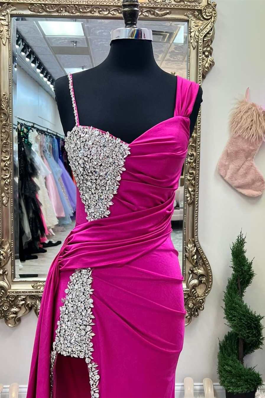 Asymmetrical Magenta Beaded Long Prom Dress with Attached Train