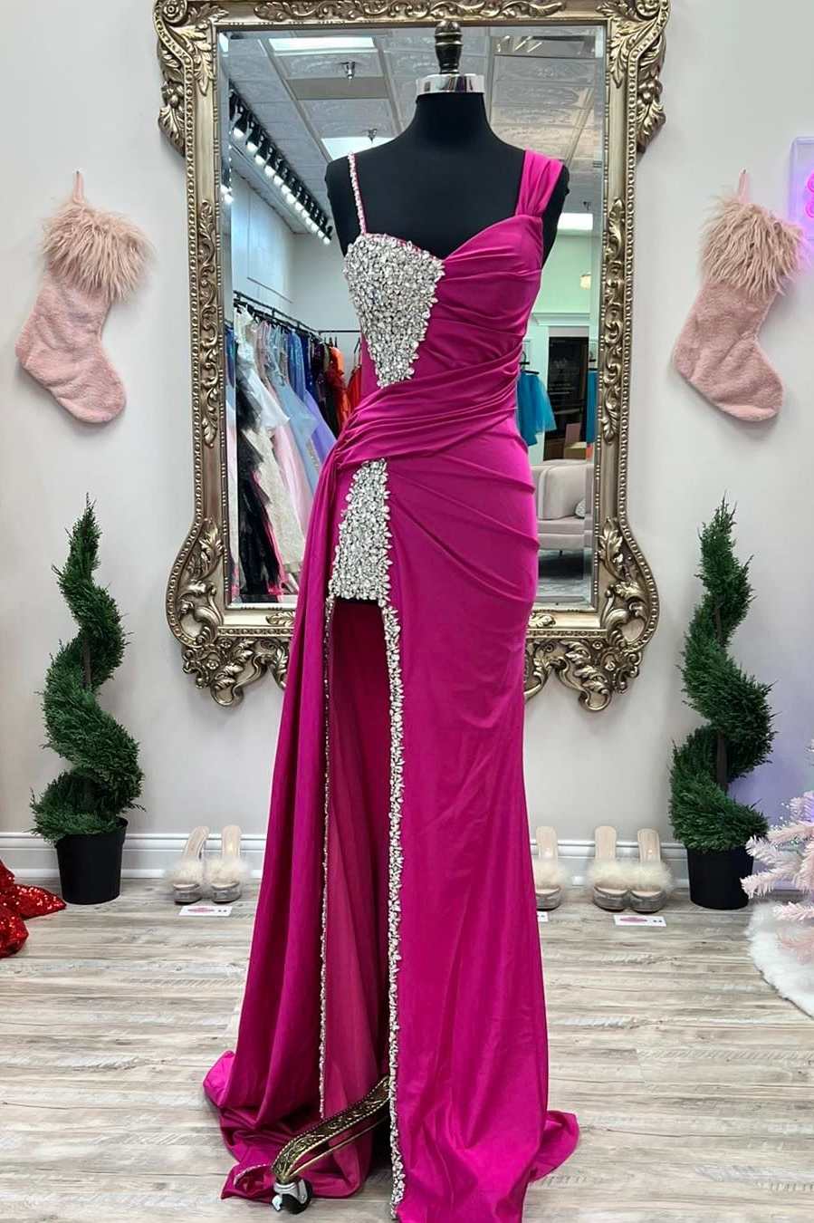 Asymmetrical Magenta Beaded Long Prom Dress with Attached Train