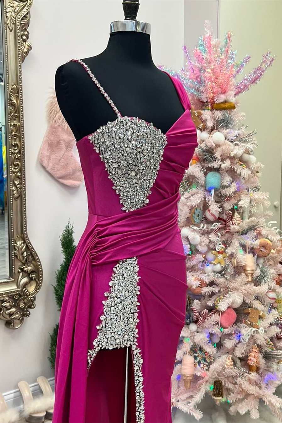 Asymmetrical Magenta Beaded Long Prom Dress with Attached Train