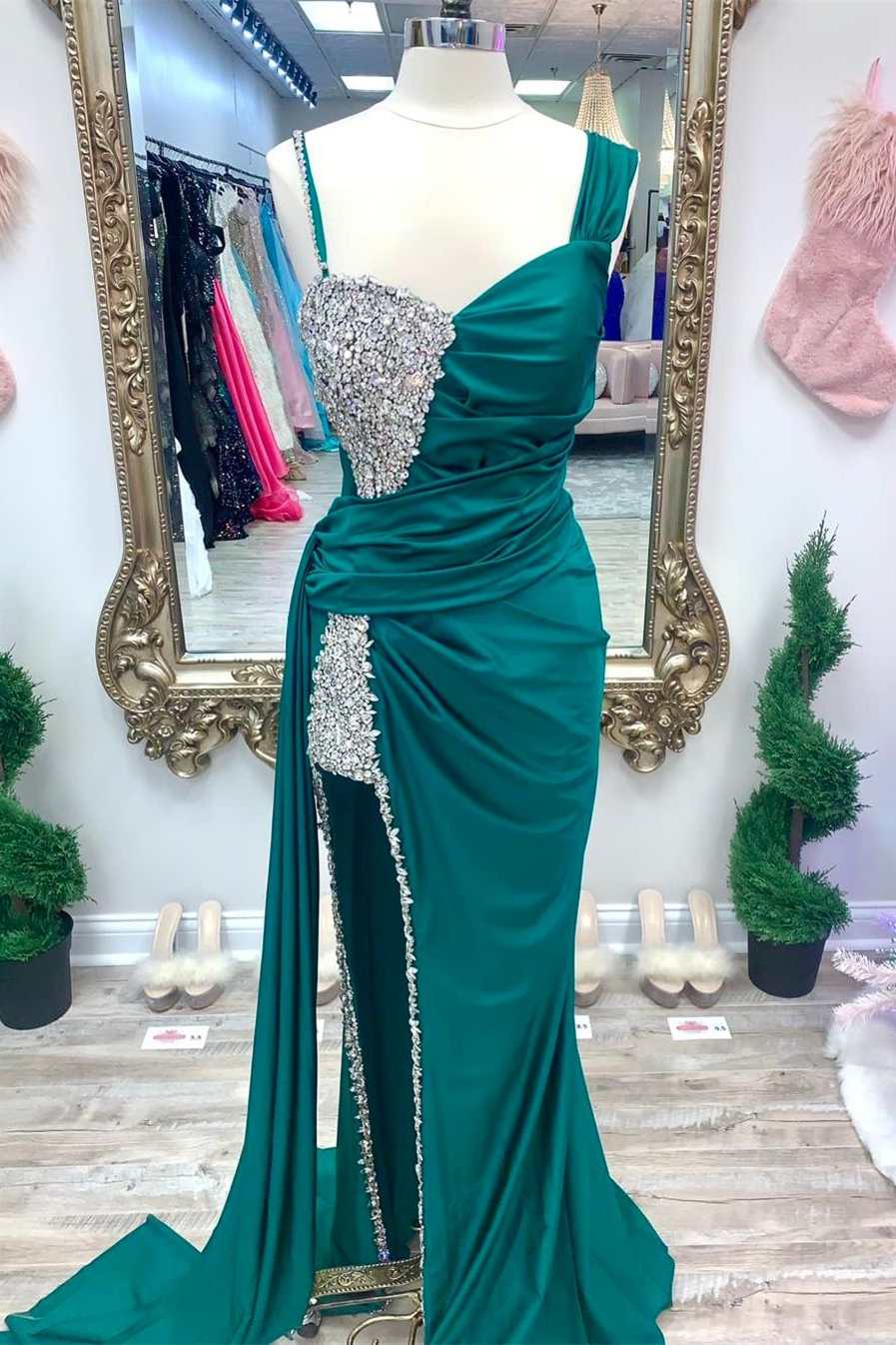 Asymmetrical Magenta Beaded Long Prom Dress with Attached Train