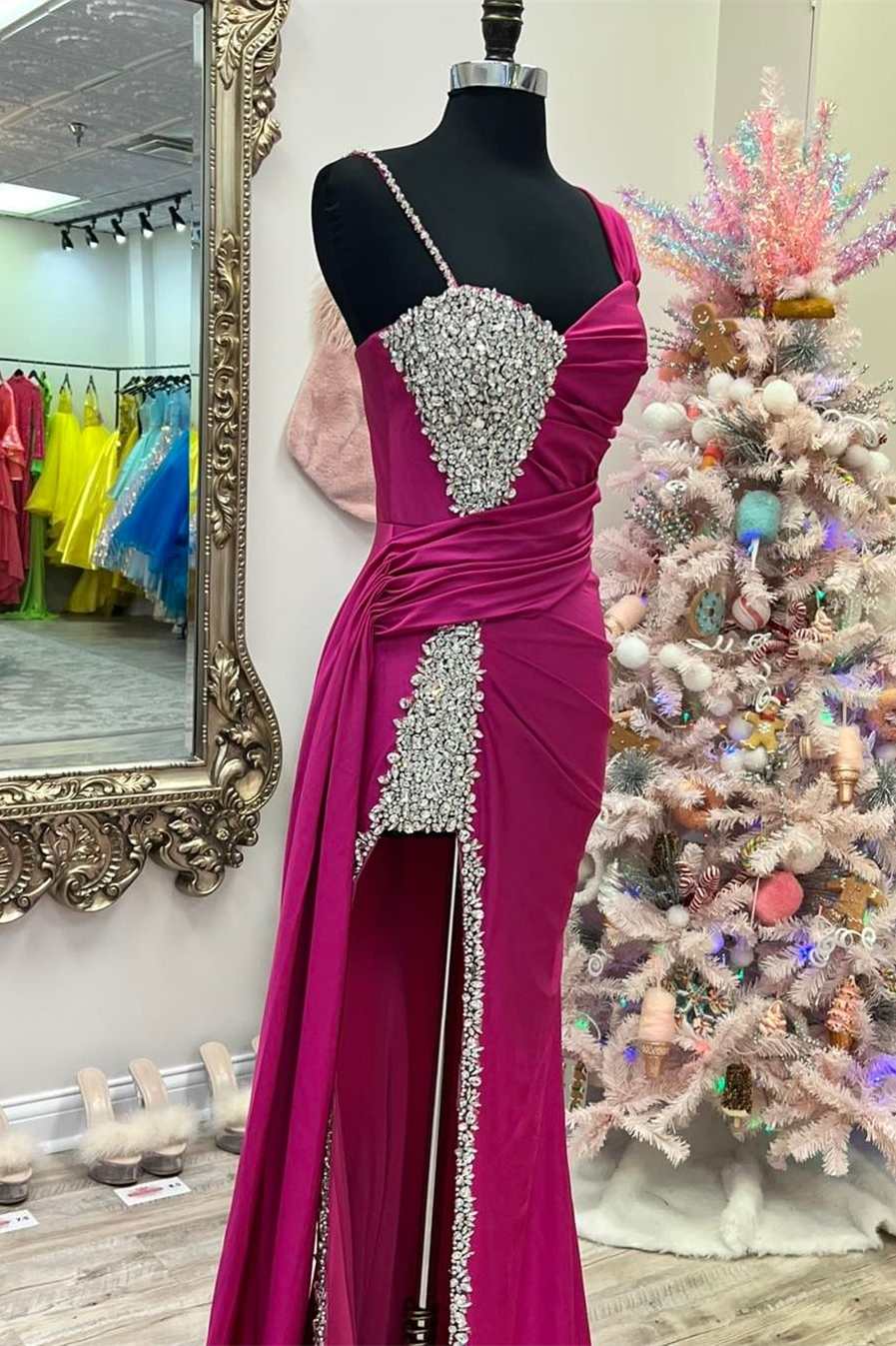 Asymmetrical Magenta Beaded Long Prom Dress with Attached Train