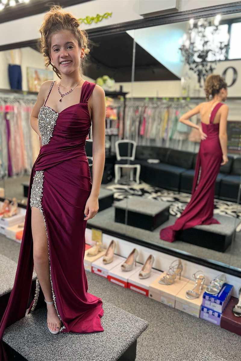 Asymmetrical Magenta Beaded Long Prom Dress with Attached Train