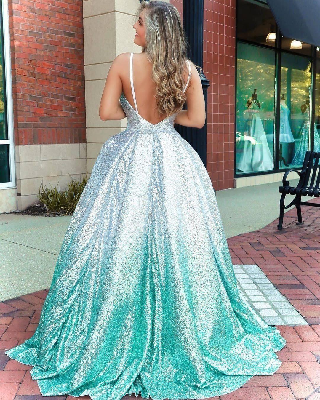 Ball Gown Spaghetti Straps Open Back Ombre Prom Dresses