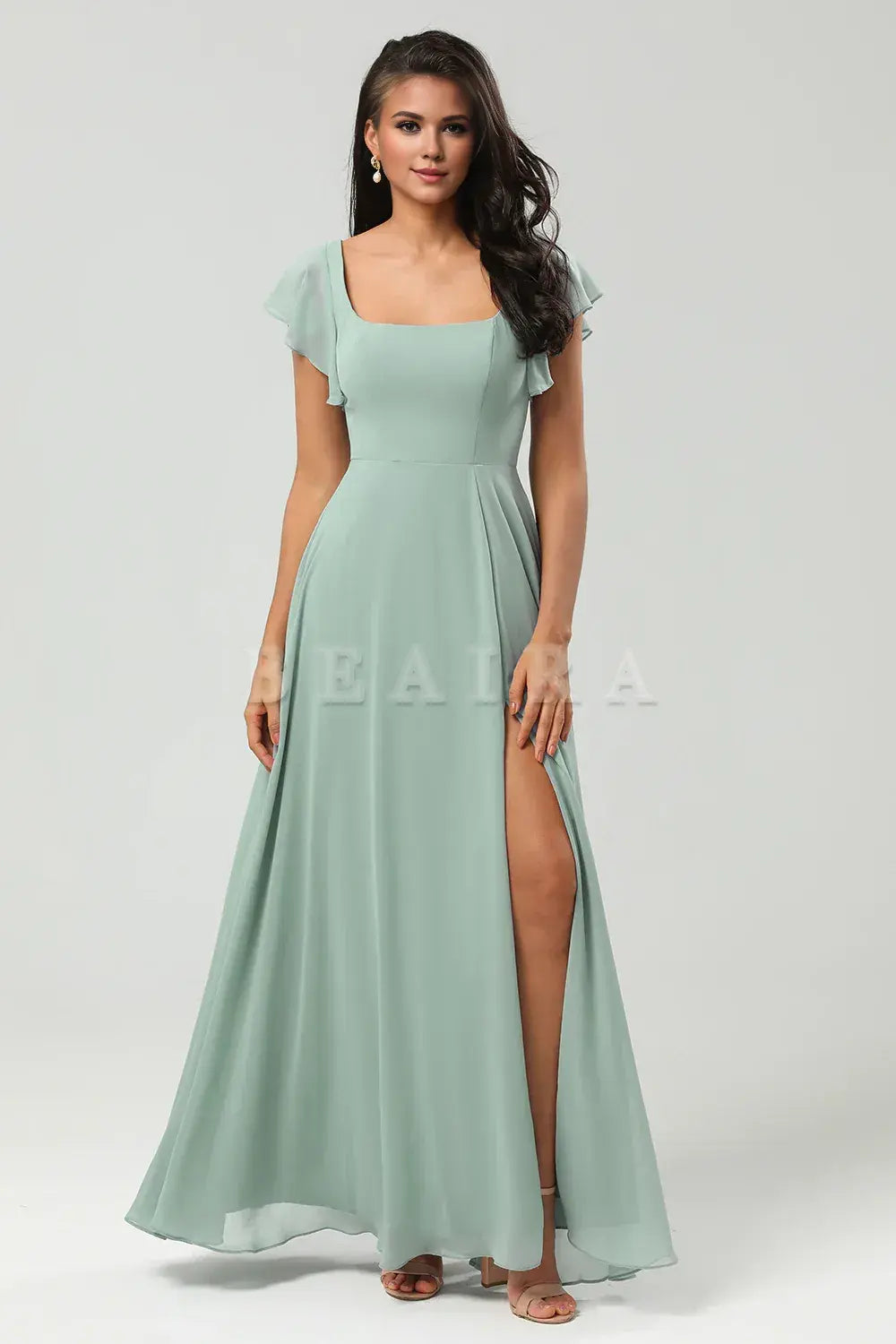 Beaira A Line Square Neck Floor-Length Chiffon Bridesmaid Dress with Slit Bridesmaid dress shop