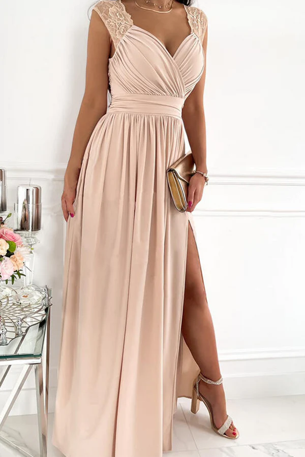 Beaira Casual Solid Slit V Neck Evening Dress Dresses formal wear dresses - Khaki