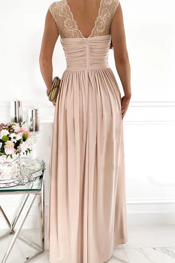 Beaira Casual Solid Slit V Neck Evening Dress Dresses formal wear dresses - Khaki