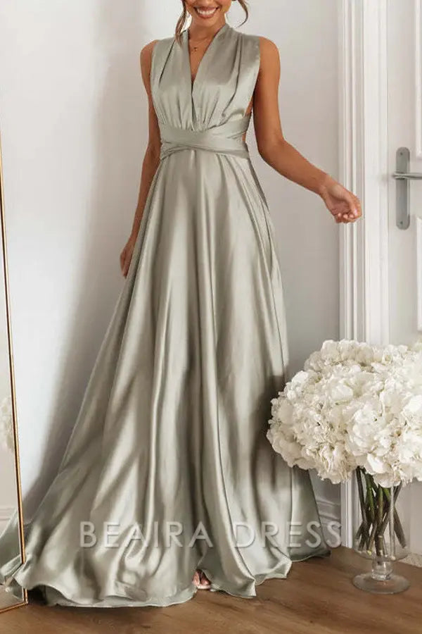 Beaira Celebrities Elegant Solid Backless Strap Design V Neck Evening Dress Dresses formal wear dresses - Grey