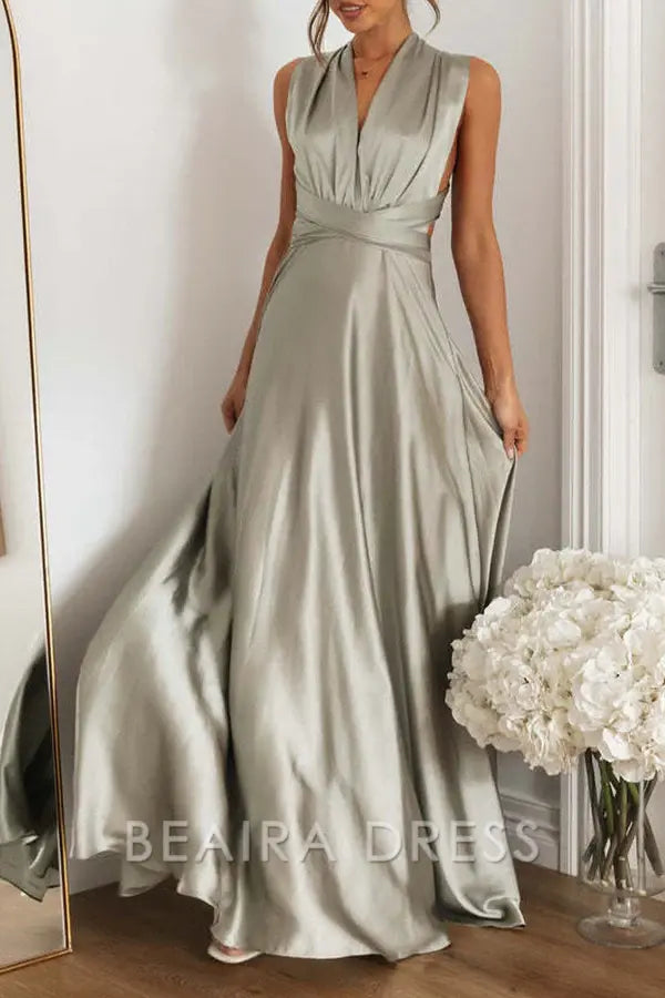 Beaira Celebrities Elegant Solid Backless Strap Design V Neck Evening Dress Dresses formal wear dresses - Grey