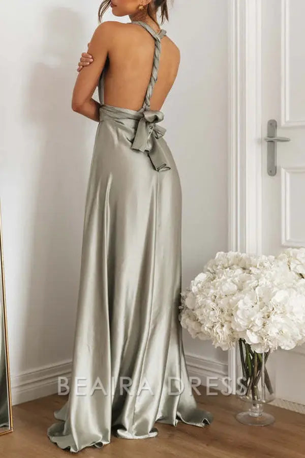 Beaira Celebrities Elegant Solid Backless Strap Design V Neck Evening Dress Dresses formal wear dresses - Grey