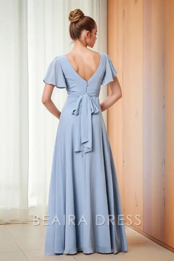 Beaira Chic A-Line V Neck Short Sleeves Pleated Ruffles Prom Dress V Back Bow Knot Floor Length Chiffon evening gown
