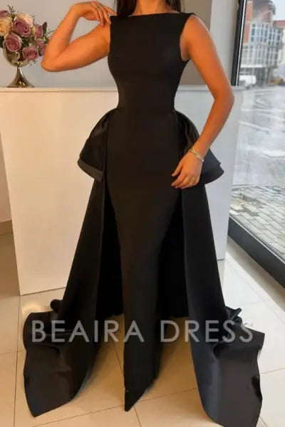 Beaira Chic Long Black Evening Dresses Simple Design with Detachable Train formal wear dresses