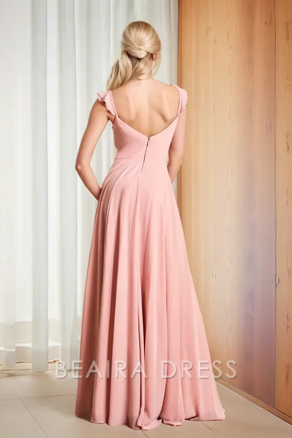 Beaira Chic & Modern A-Line Sweetheart Neck Spaghetti Straps leeveless Pleated Ruched Prom Dress Back Zipper Floor Length Chiffon evening gown