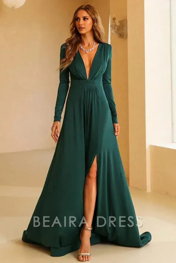 Beaira Dark Green Long Sleeve A-Line Plunging Evening Dresses formal wear dresses - Dark Green