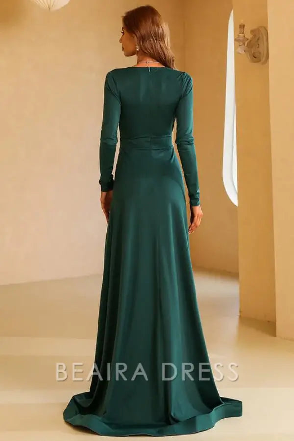 Beaira Dark Green Long Sleeve A-Line Plunging Evening Dresses formal wear dresses - Dark Green