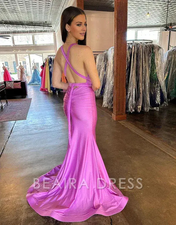 Beaira Deep V-Neck Cross Back Long Satin Prom Dress With Split - Purple