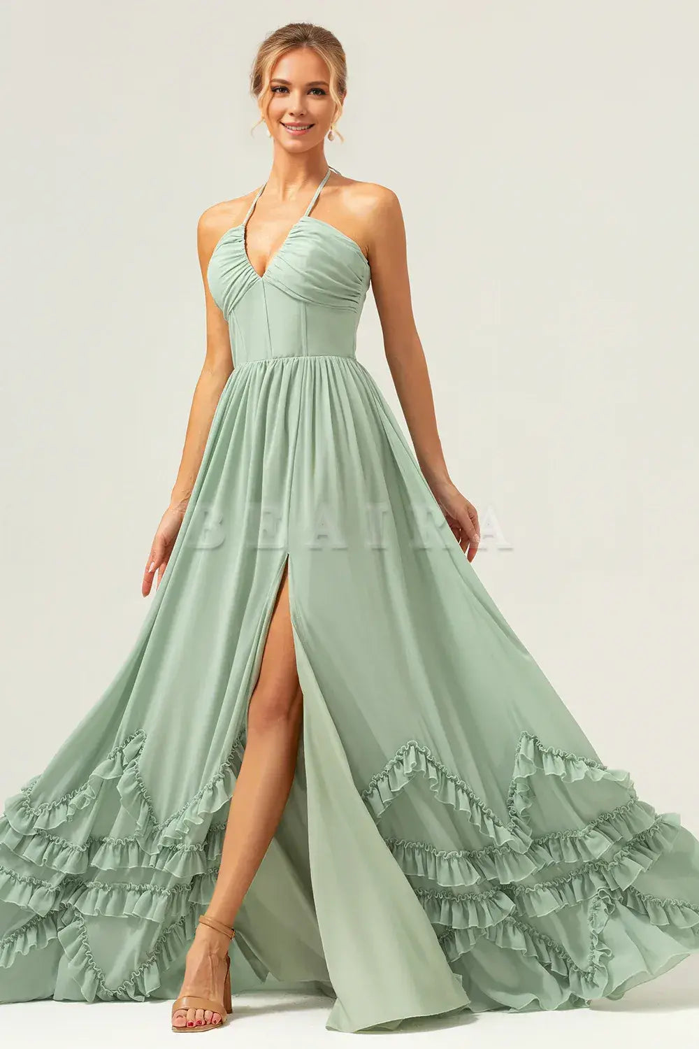 Beaira Dusty Sage A Line Halter Ruched Chiffon Long Bridesmaid Dress with Slit Bridesmaid dress shop 