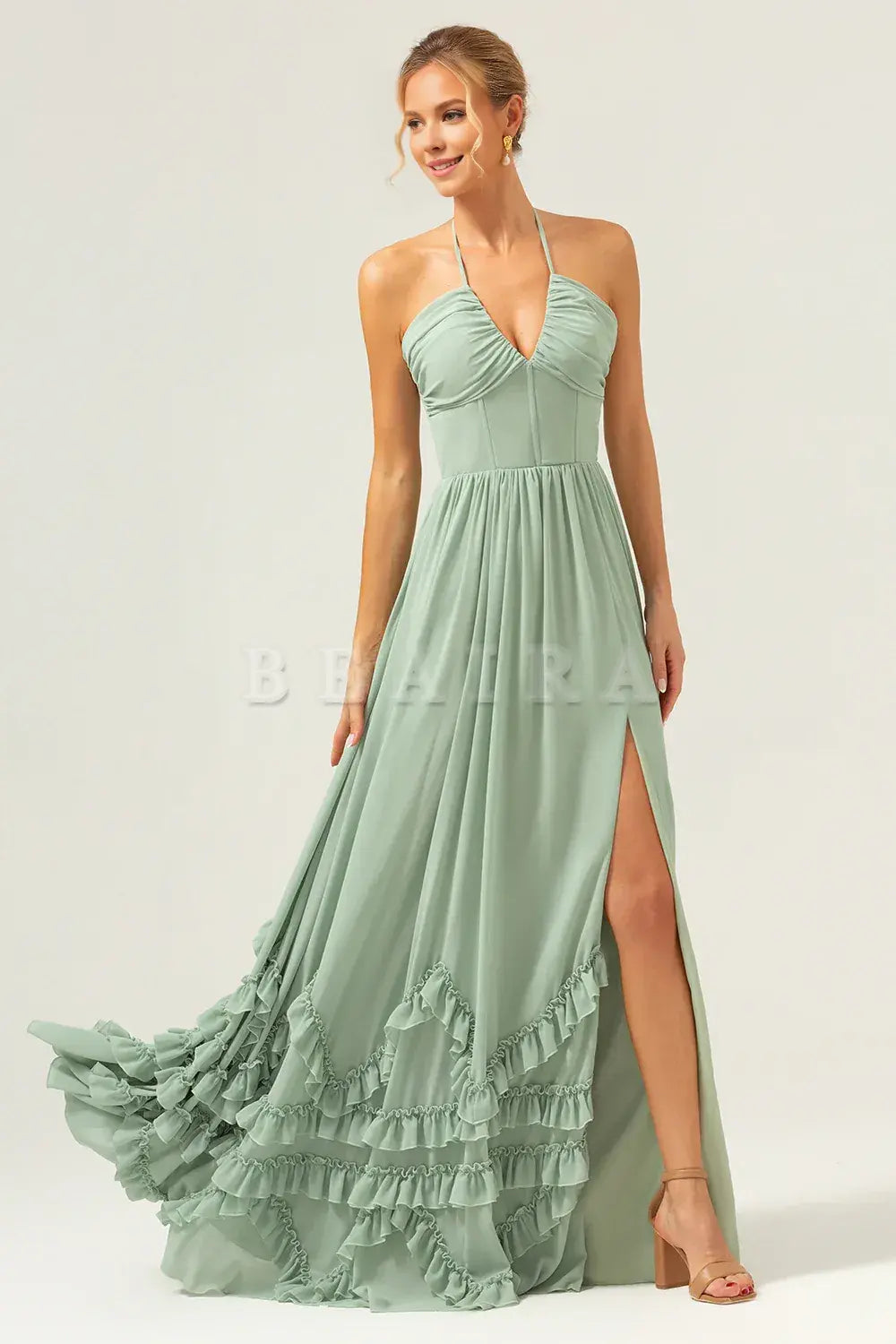 Beaira Dusty Sage A Line Halter Ruched Chiffon Long Bridesmaid Dress with Slit Bridesmaid dress shop 